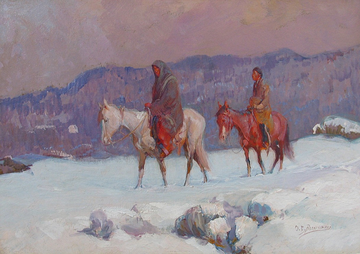 Image of Oscar Berninghaus's impressionist painting "The Snow Covered Trail" showing two Native Americans on horseback in the snow.