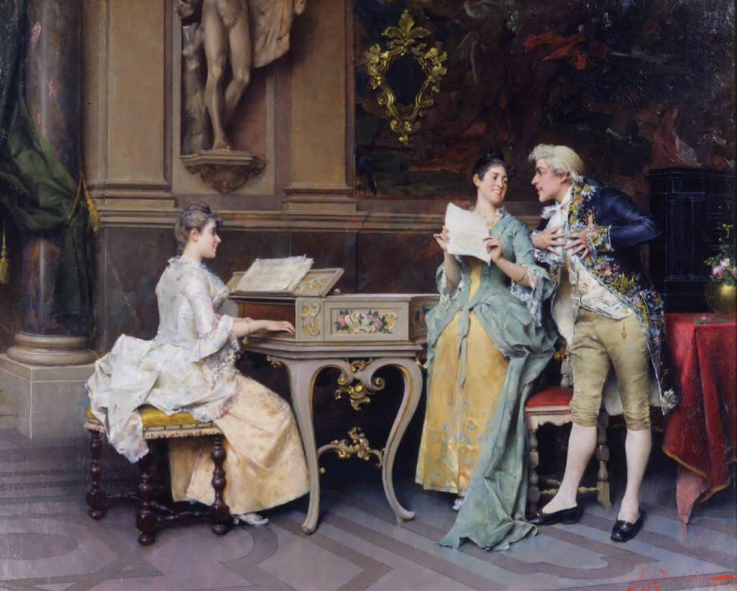 Image of sold oil painting entitled &quot;The Recital&quot; by Adriano Cecchi depicting three elegantly dressed young people playing the piano forte and singing.