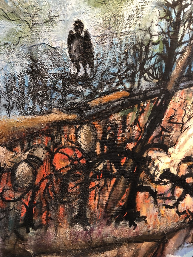 Closeup detail of crow sitting on bramble where two shotguns are resting in &quot;Lure of the Waters&quot; painting by Philip Evergood.