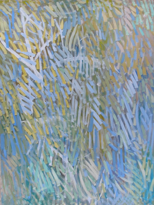 Image of Hyde Solomon's sold 1954 painting entitled &quot;Southern Landscape&quot; showing an abstraction in blues, greens and yellows.