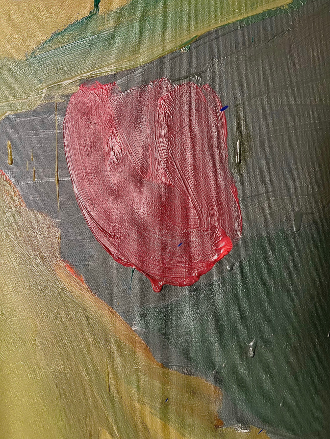 Image of detail on untitled abstraction (003) by Naohiko Inukai, in greens, blues coral and lavender.