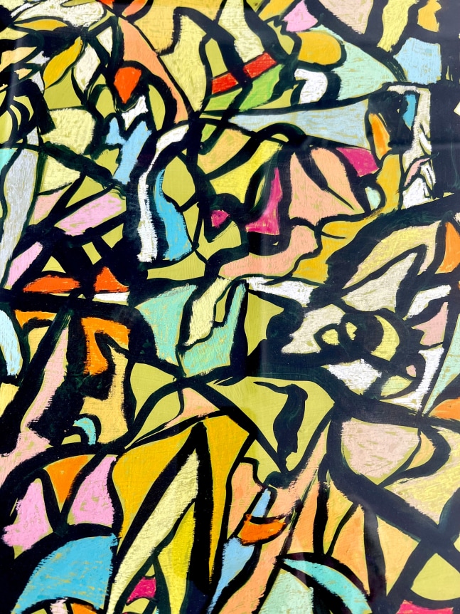 Detail image of untitled (015) abstract painting by Fred Martin in multiple colors outlined in black.