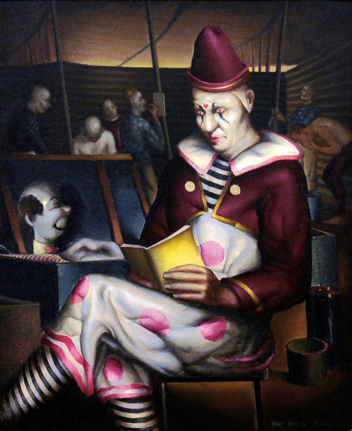 Image of Paul Sample's oil painting titled "Clown Reading" showing a seated circus clown in his costume and clown makeup sitting down and reading a book.