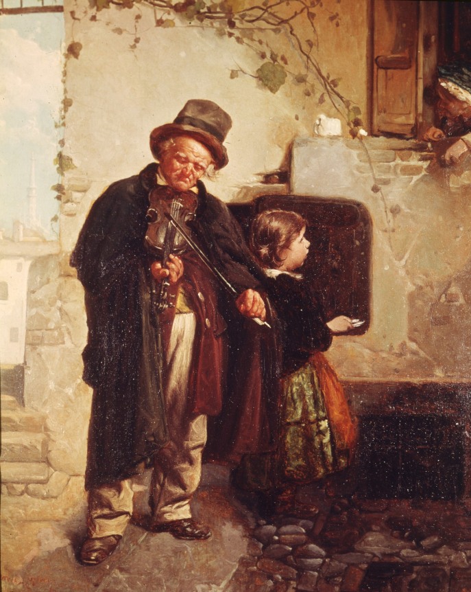 Sold painting by Gerolamo Induno entitled &quot;Fiddler with Child&quot;.