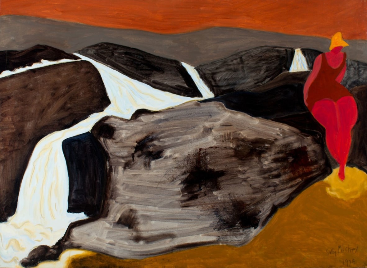 Image of sold Sally Michel painting titled "Winding Stream" showing a red-skinned woman wearing a maroon bathing suit and yellow hat sitting on rocks near a stream..