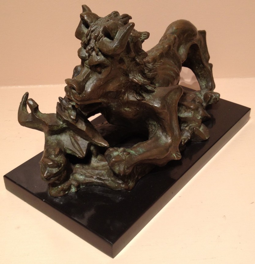 Image of sold bronze abstract sculpture by Nathaniel Kaz entitled &quot;Chaos&quot; of a beast-like creature.