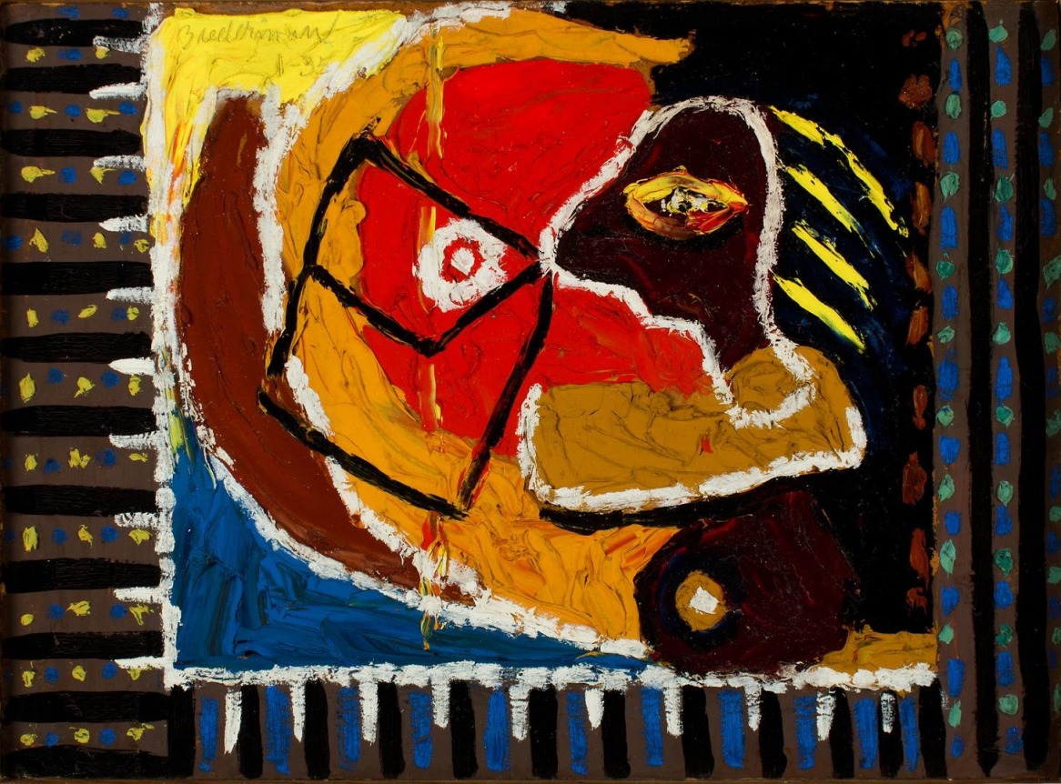 Image of &quot;1-35&quot; abstract painting by artist Charles Biederman featuring a side view of head-like image on a background of bright reds, oranges, yellows, blues, browns and black paint..