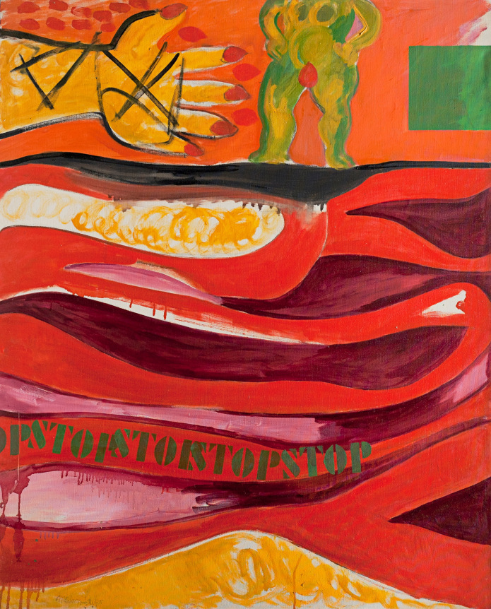 Image of abstract oil painting entitled "Mainly Orange" by Miriam Laufer with a hand, the torso of a woman with green skin and the words "STOPSTOPSTOPSTOP" stenciled in green.