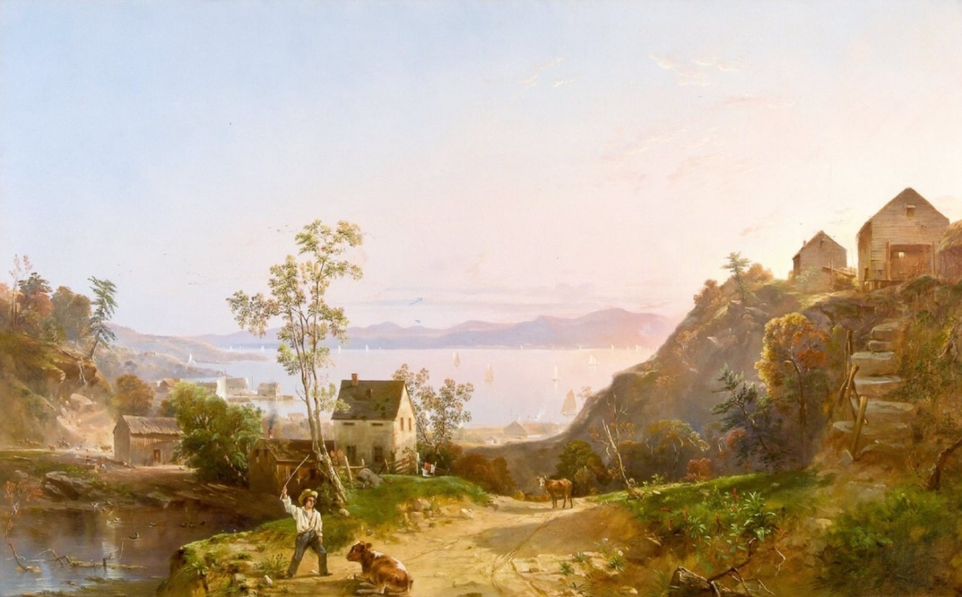 Image of Regis Francois Gignoux's sold oil painting of a country road with a view of the Hudson river in the background.