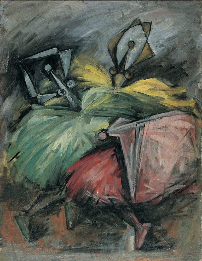 Image of abstract "Ballerinas" painting by artist Hans Burkhardt showing three ballerinas in green, yellow and pink tutus.