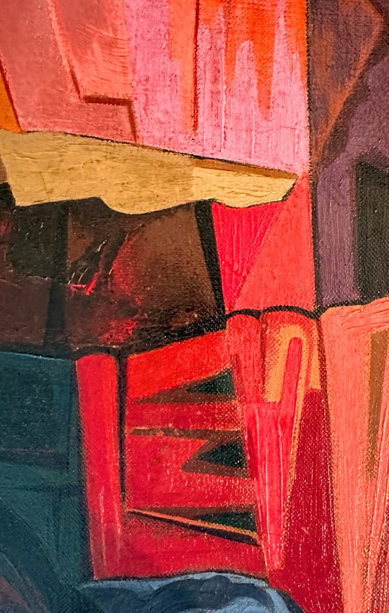 Closeup image of a detail from the painting "Environs of a Bridge by Seymour Franks.