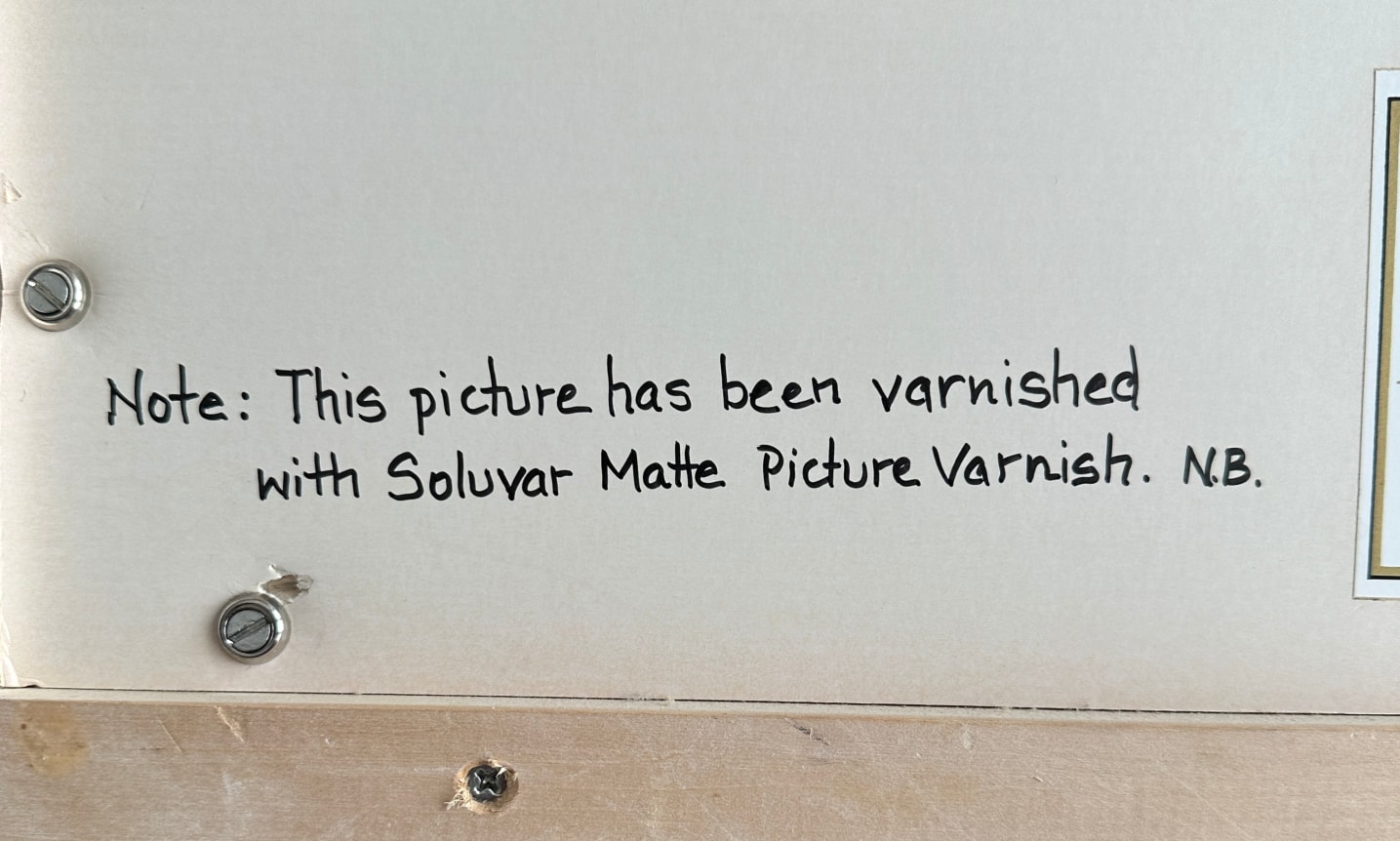 Image of artist's note on varnish on still life oil painting of a blue vase with orange lilies and blazing star flowers by Nell Blaine.