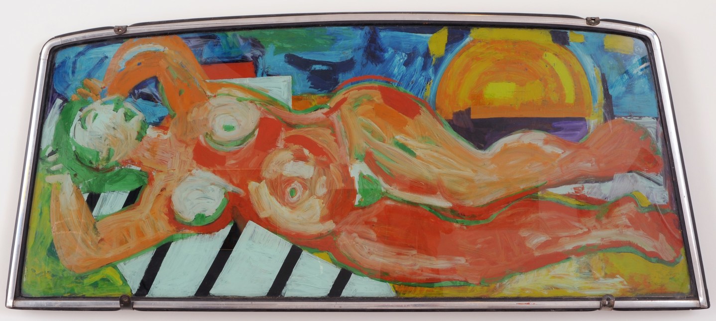 Image of untitled car windshield painted with a reclining nude by Miriam Laufer.