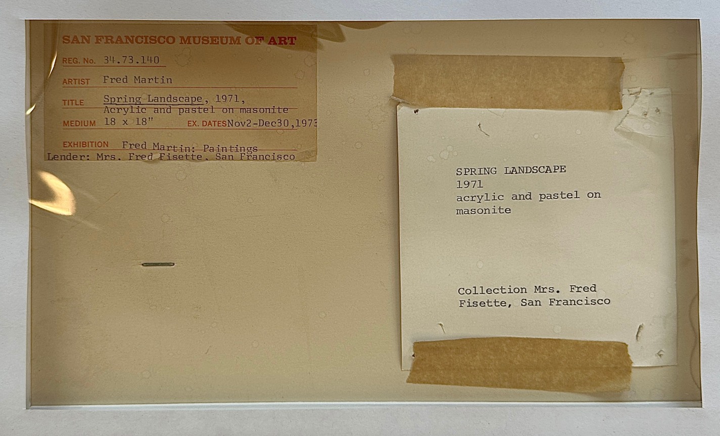 Verso labels on abstract painting &quot;Spring Landscape&quot; by Fred Martin.