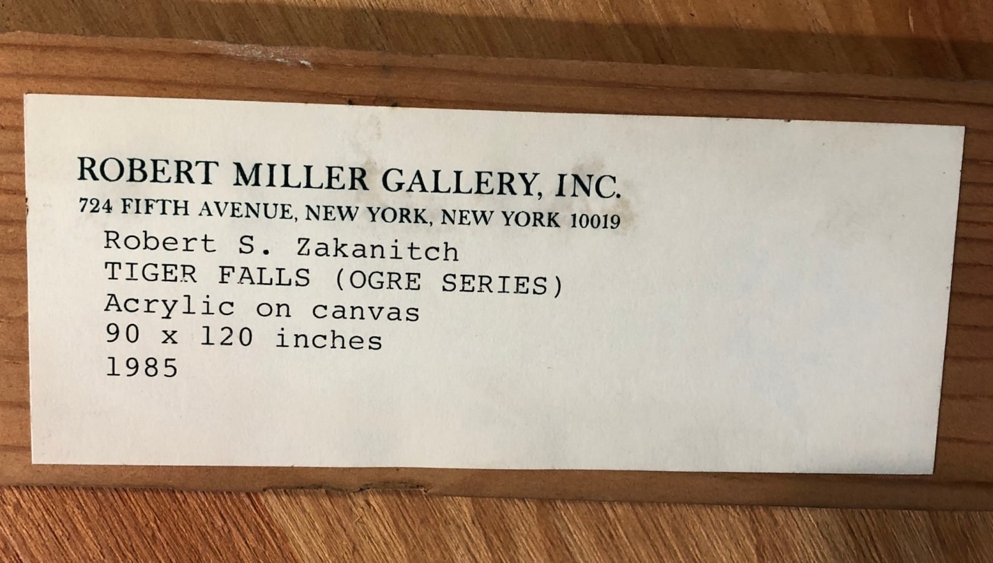 Label verso on &quot;Tiger Falls&quot; by Robert Zakanitch.