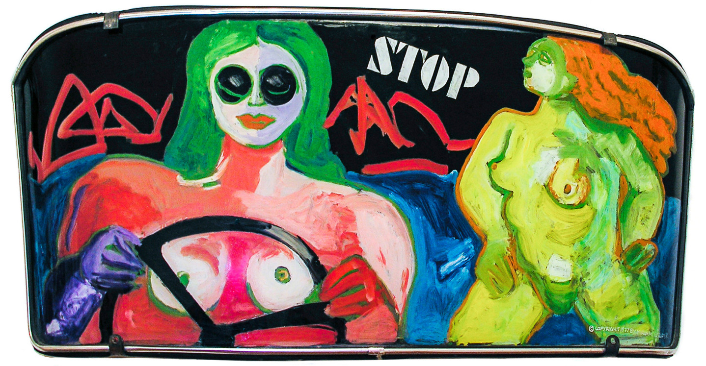 Image of two abstract nude women painted windshield by Miriam Laufer with a stencil of the word "Stop".