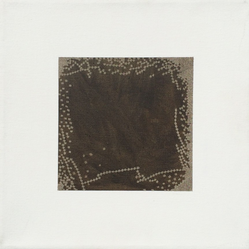 Image of sold oil painting by Jacob El Hanani entitled &quot;Humim Beth&quot; showing an abstraction centered on a light colored canvas.