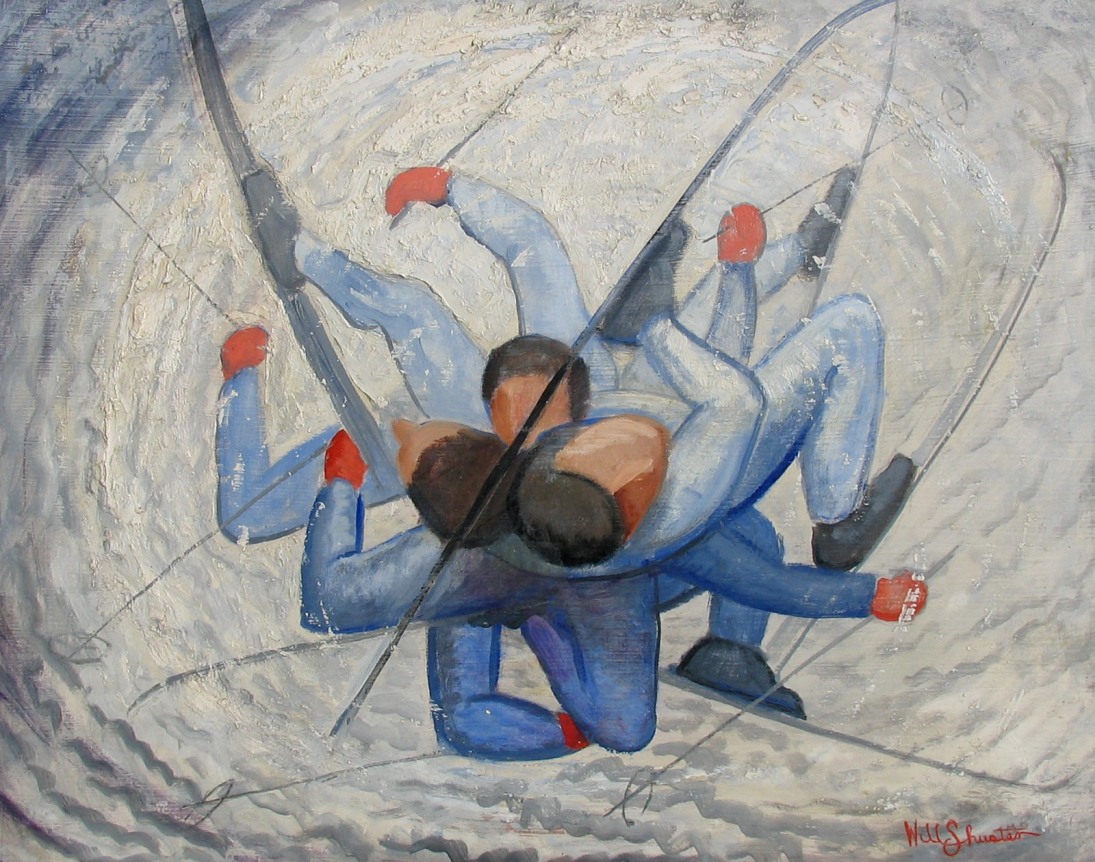 Image of Will Shuster's sold painting entitled &quot;Reflections of a Falling Snow Bunny&quot; showing a skier spinning in space against a snowy background.