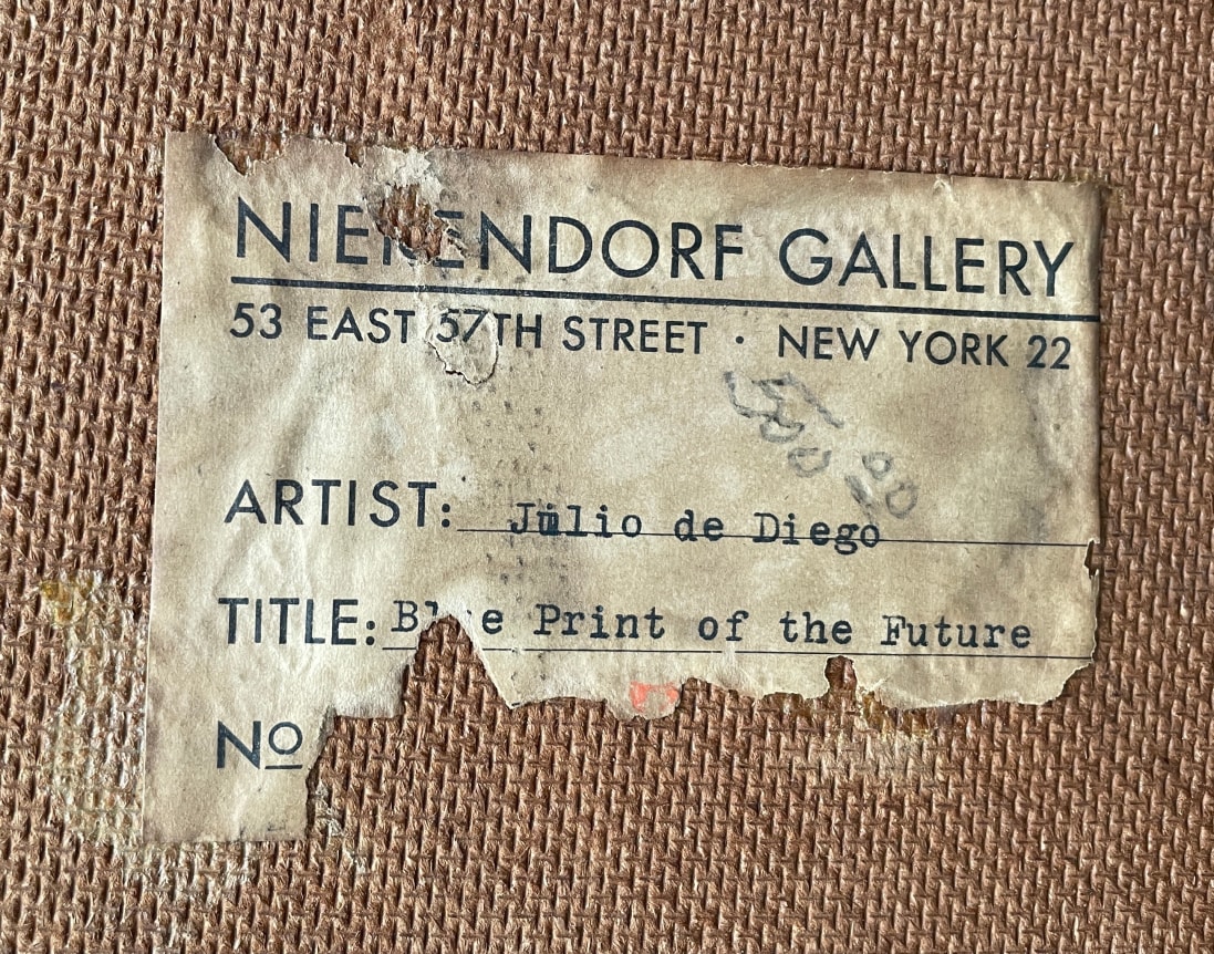 Image of Nierendorf label verso fragment on &quot;Blueprint of the Future&quot; painting by Julio De Diego.