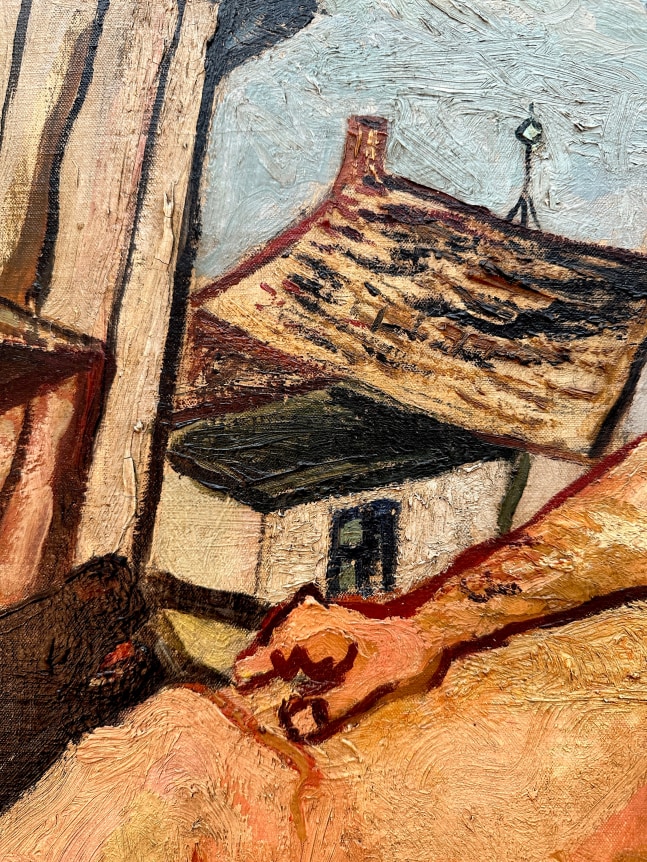 Image of close-up detail of the Happy Farmer painting by Gregorio Prestopino.
