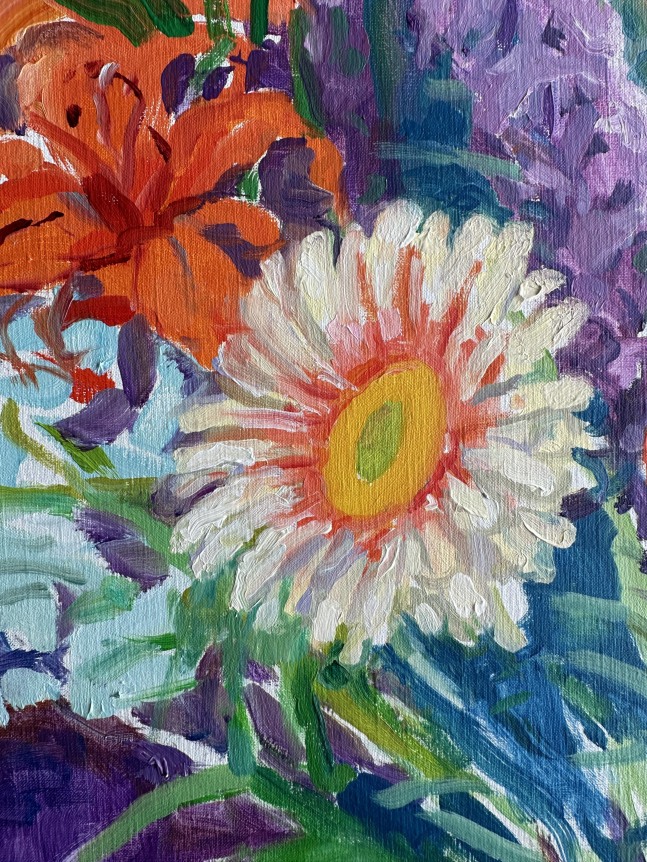 Image of detail on still life oil painting of a blue vase with orange lilies and blazing star flowers by Nell Blaine.