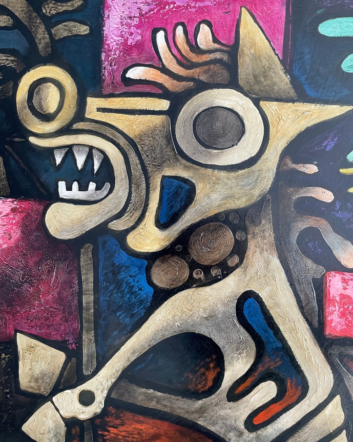 Closeup detail image of the skeletal horse in &quot;Trojan Horse - Equestrian&quot; painting by Julio de Diego.