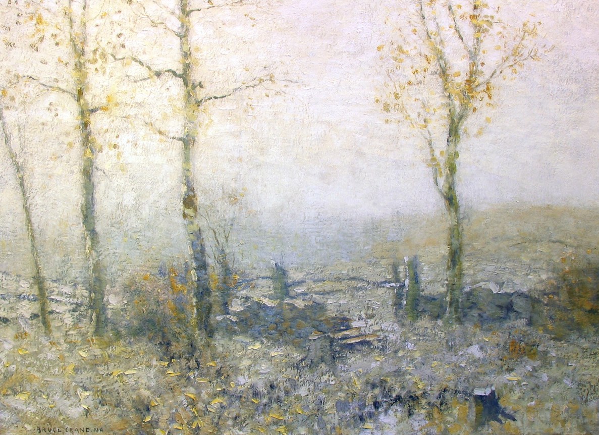 Image of sold painting by Bruce Crane entitled &quot;Edge of the Woods&quot;. showing an impressionist view of a stone and wood fence with some trees along it.