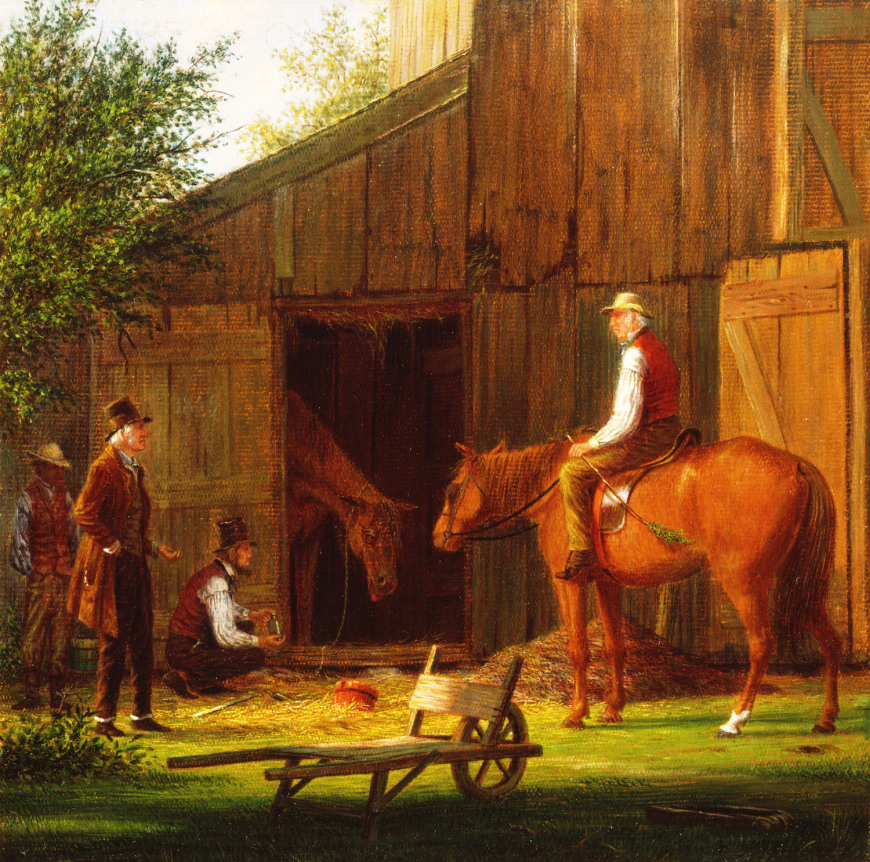 Image of sold oil painting &quot;The Sick Horse&quot; by William M. Davis showing several men in conversation about an apparently sick horse in a barn.