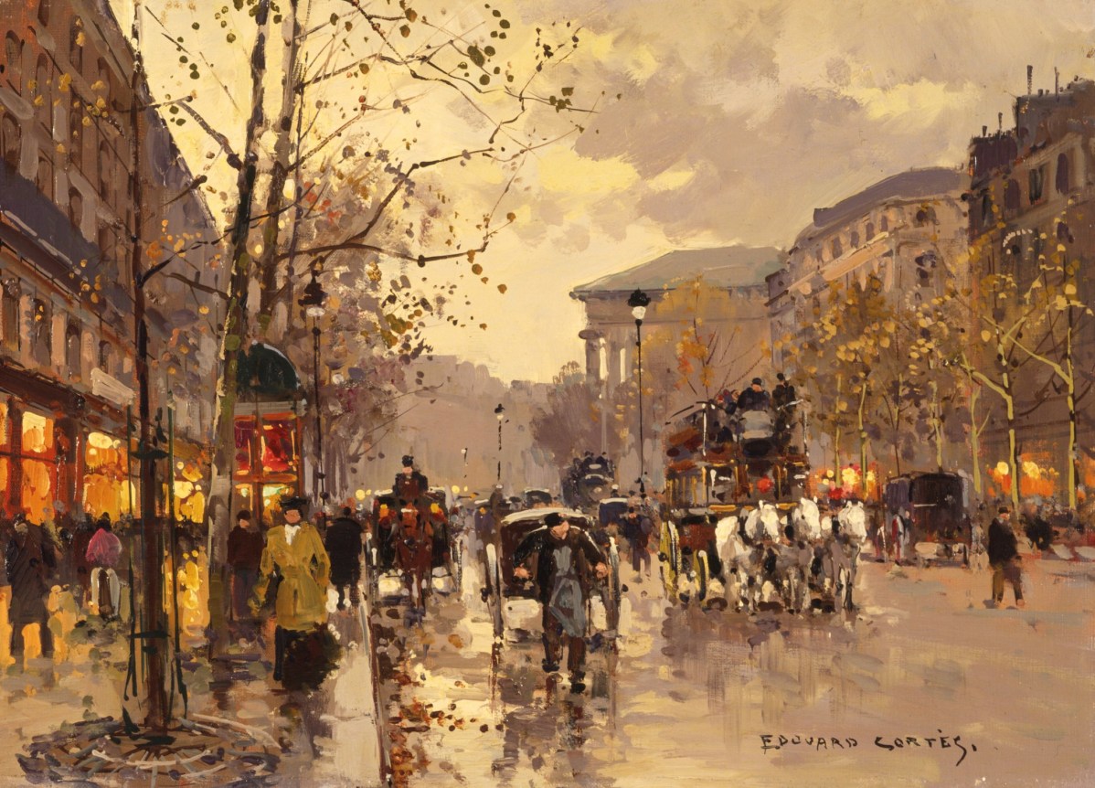 Image of sold oil painting by Edouard L. Cortes entitled &quot;La Madeleine&quot; showing a street scene in Paris with horse drawn carriages and pedestrians.