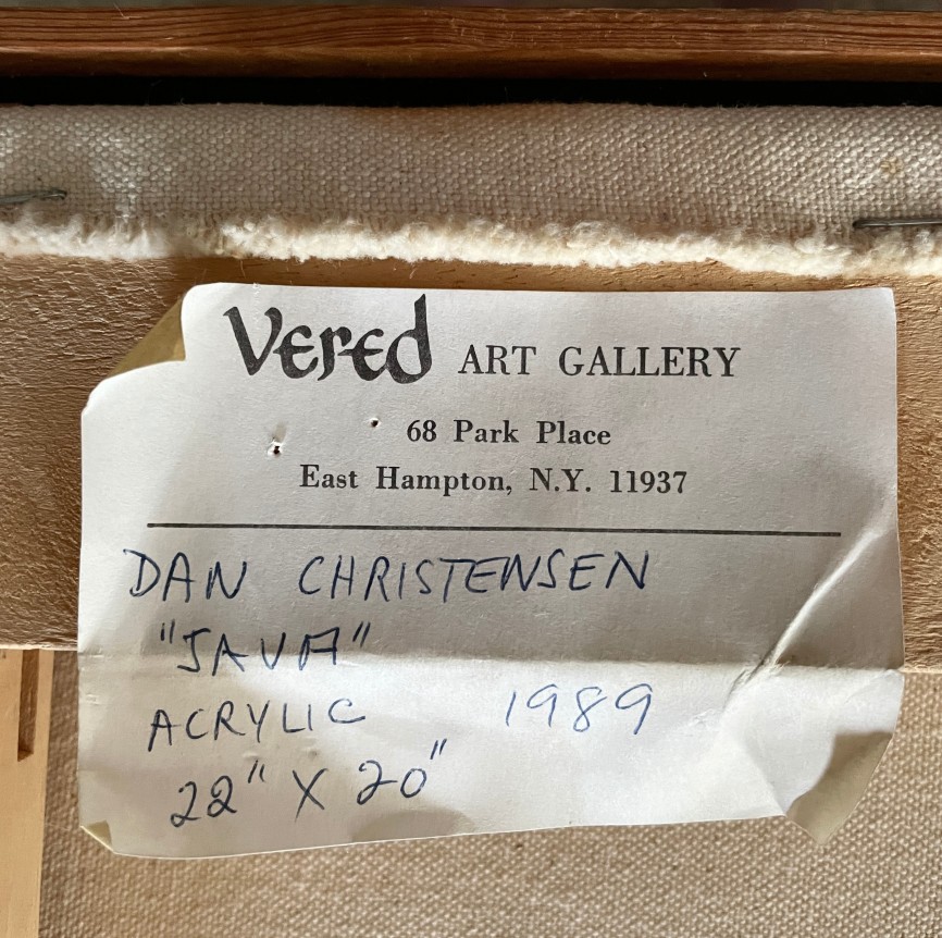Image of Vered Art Gallery label verso on "Java" by Dan Christensen.