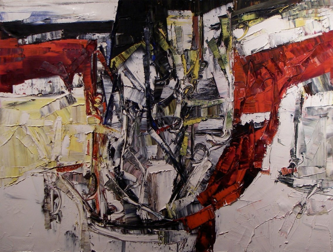 Image of sold abstract expressionist oil painting by Jean Paul Riopelle in white, red, yellow and black.