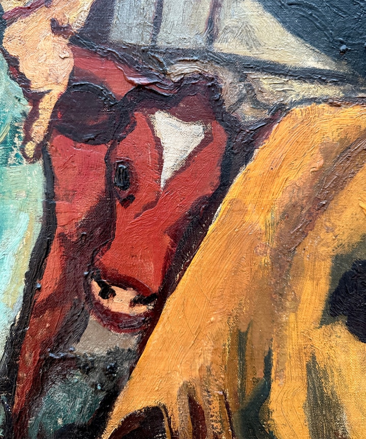 Image of close-up detail of the Happy Farmer painting by Gregorio Prestopino.