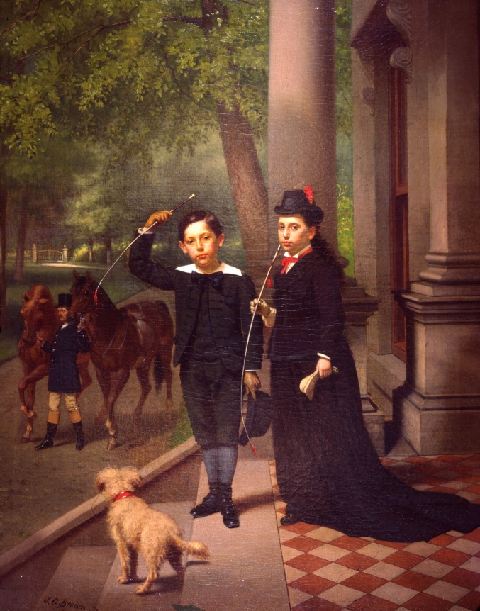 Image of sold painting by John George Brown entitled &quot;Going Out Riding&quot; showing two young people dressed in old fashioned riding gear standing on the steps of a house while a groom brings up two horses.