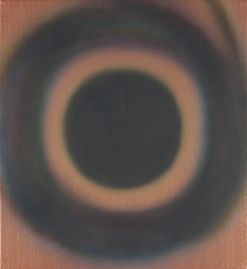 Image of acrylic painting entitled "Java" by Dan Christensen showing copper and black-ish rings.