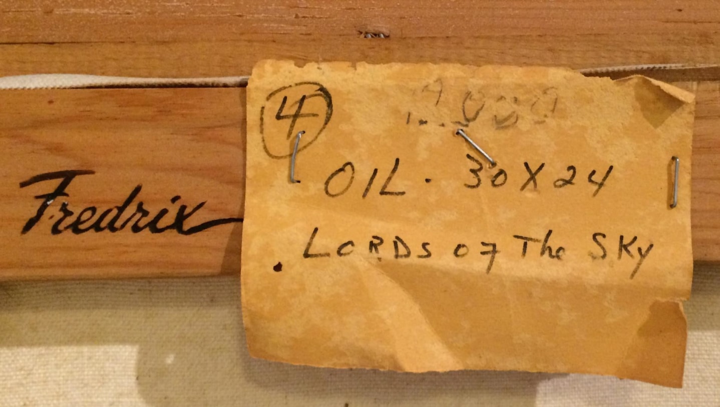 Image of paper label verso on &quot;Lords of the Sky&quot; painting by Julio De Diego.