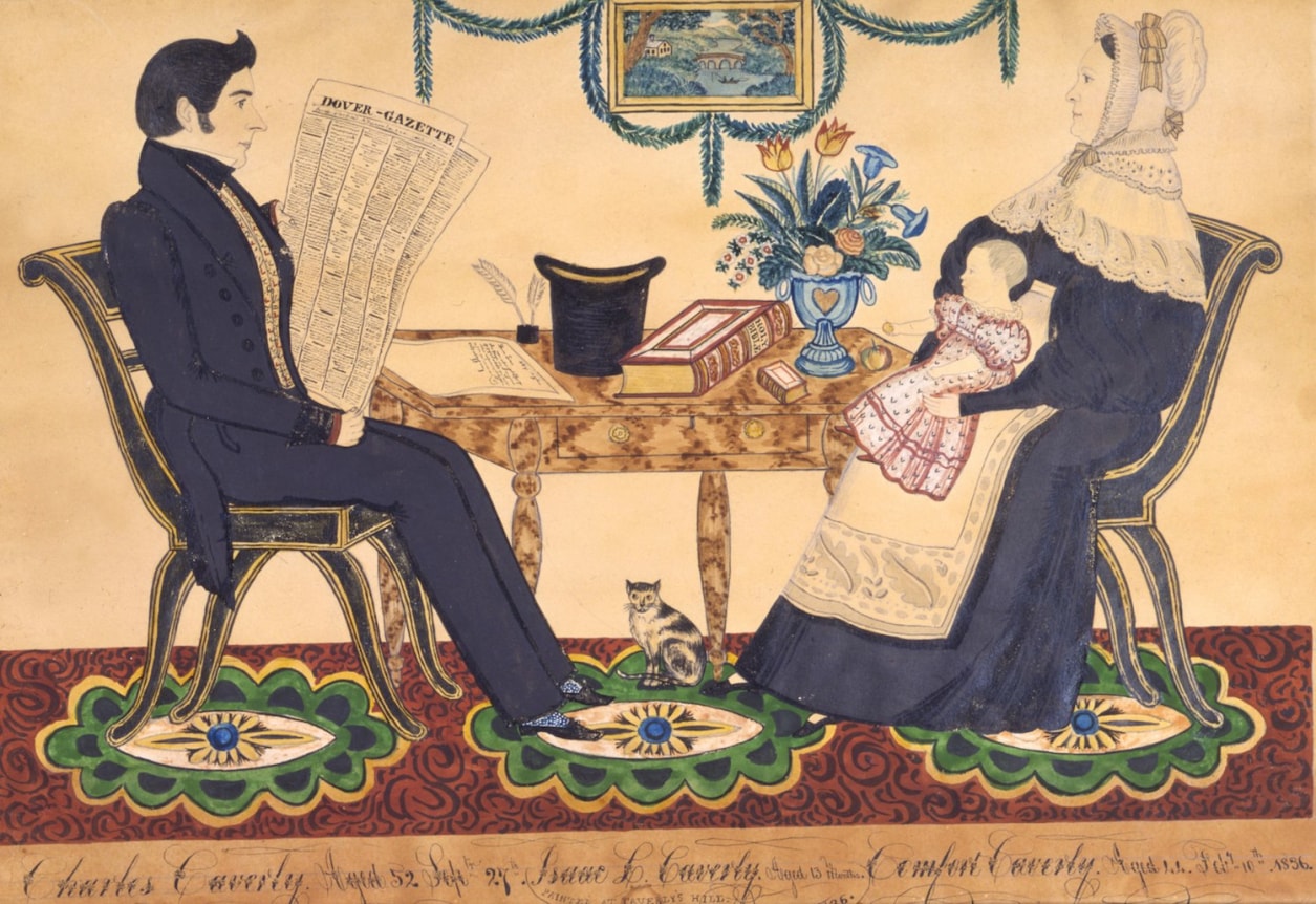 Image of sold watercolor of Charles, Comfort and Isaac Cavelry by James H. Davis sitting around a table.