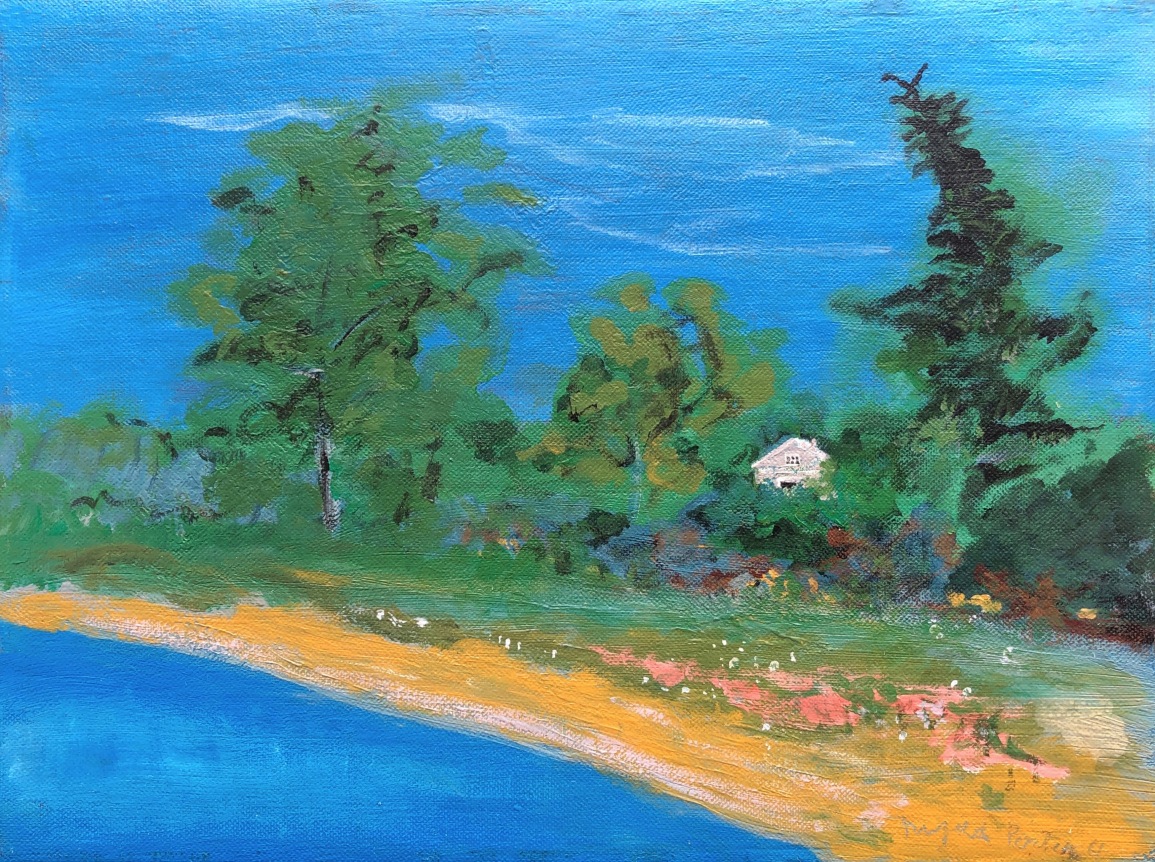 Image of sold oil painting by Fairfield Porter of a house set in the trees near a lake.