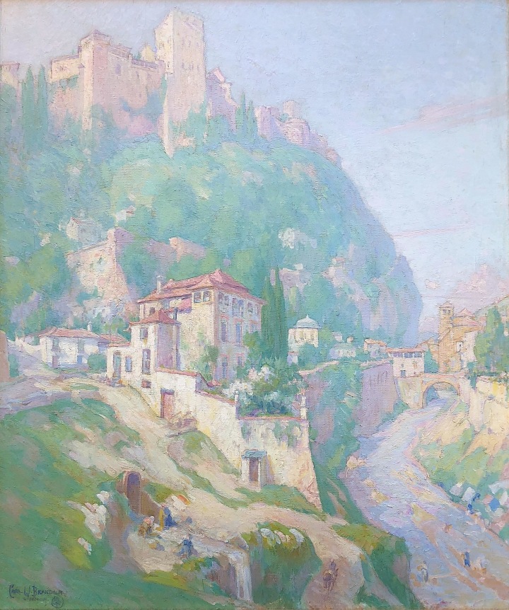 Image of Carl Brandien's sold painting entitled of a hillside with stone buildings in Granada, Spain. A river runs along the bottom corner of the painting.