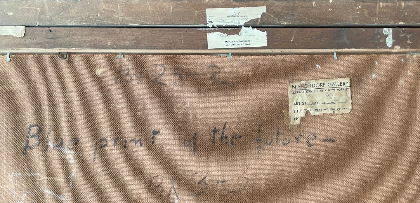 Image of verso inscription on &quot;Blueprint of the Future&quot; painting by Julio De Diego.