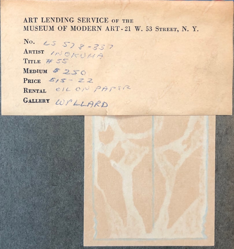 Image of MoMA art lending label verso on painting "#55" by Genichiro Inokuma.