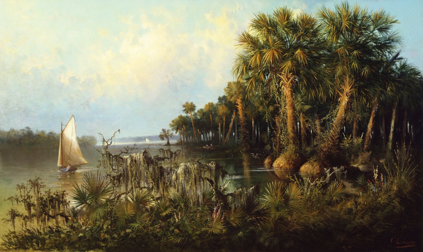 Image of sold oil painting of dense tropical landscape alongside a river with a boat sailing up it by Charles Eisele.
