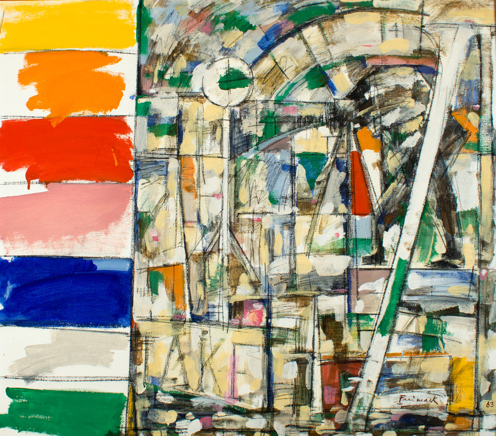 Image of abstract "Photography" painting by by artist Robert Freimark showing large swaths of yellow, orange red, pink, blue, white and green paint on the left side of the canvas with a colorful abstraction on the right two thirds of the painting.