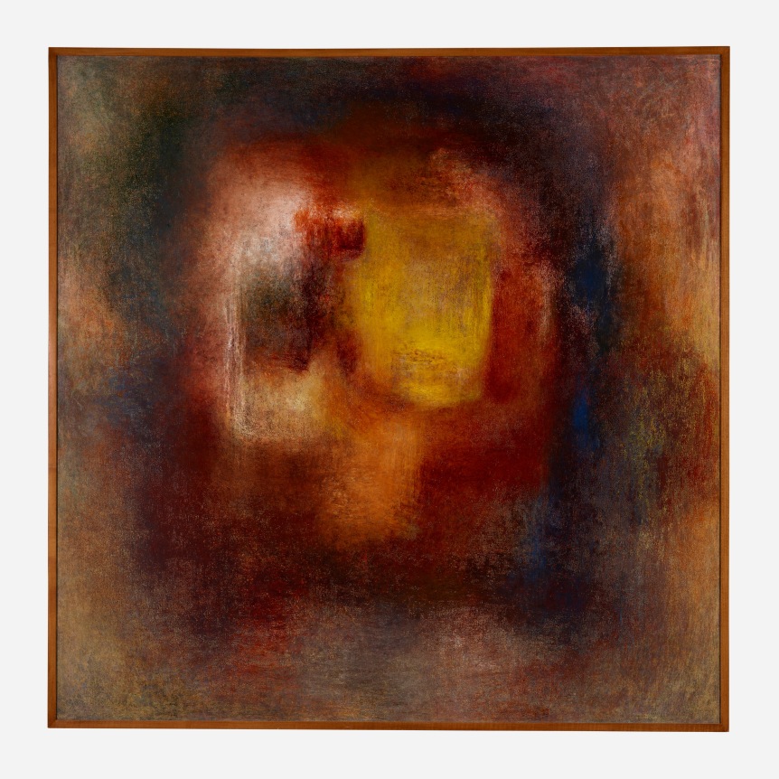 Image of frame on 1991 oil painting entitled &quot;Decade&quot; by Rebecca Purdum, depicting an abstraction of reds, golds, browns and white.