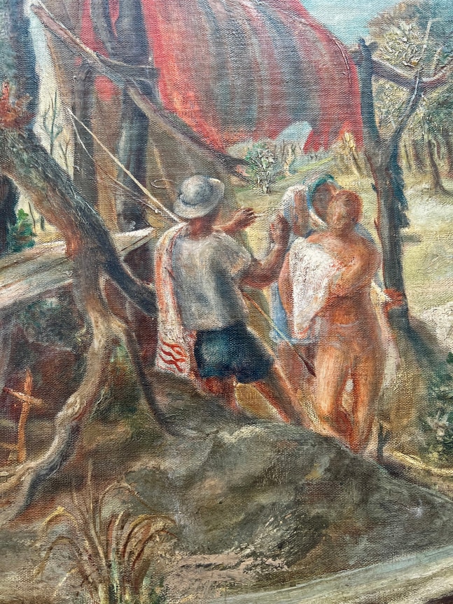 Closeup image showing detail of people toweling dry in William C. Palmer's painting &quot;Fish Story&quot;.