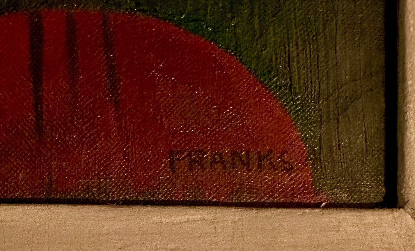 Closeup image of signature on painting "Environs of a Bridge" by Seymour Franks.