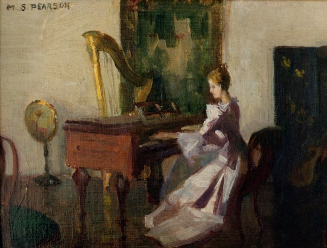 Image of sold oil painting of a music room with a young woman in a long pink dress sitting and playing the harpsichord by artist Marguerite Pearson.