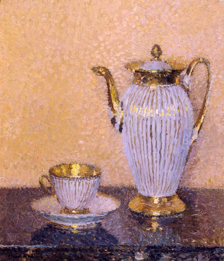 Image of sold still life painting by Henri Martin of a gold and pale blue cup and saucer next to a tall chocolate pot.