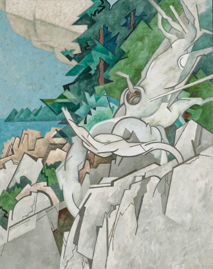 Image of modernist oil painting of Harts Neck in Tenants Harbor, Maine by Easton Pribble.