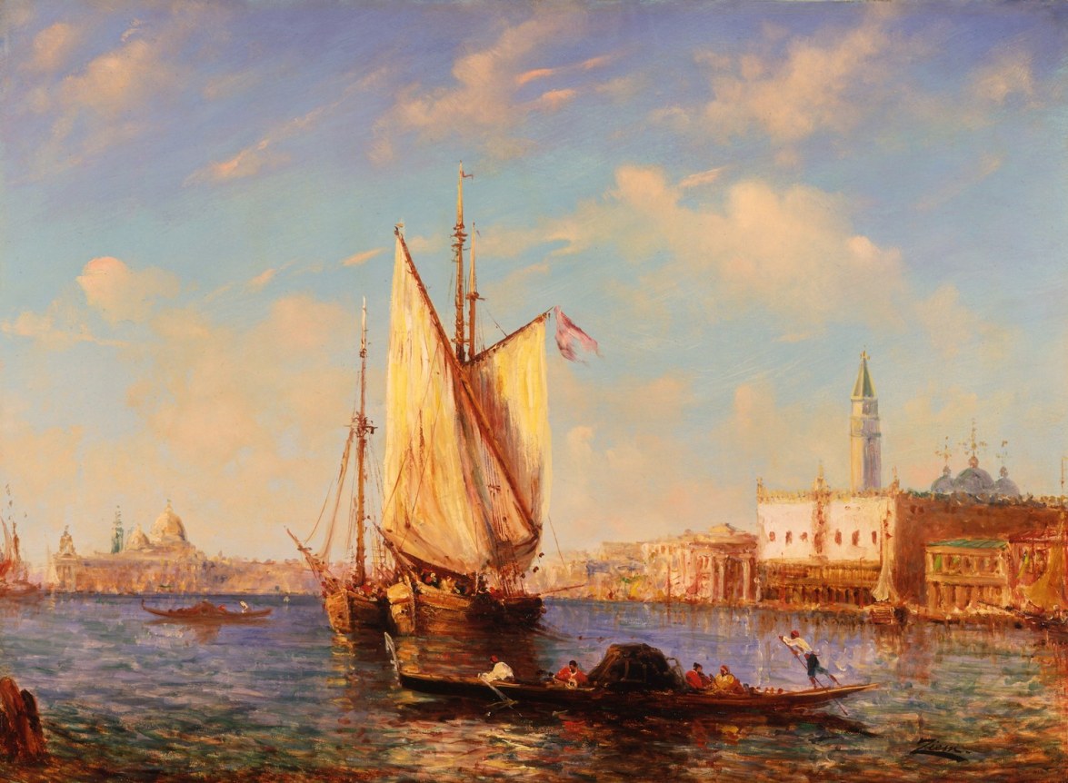Image of sold oil painting of Venetian scene with sail boats and gondolas by Felix Ziem.