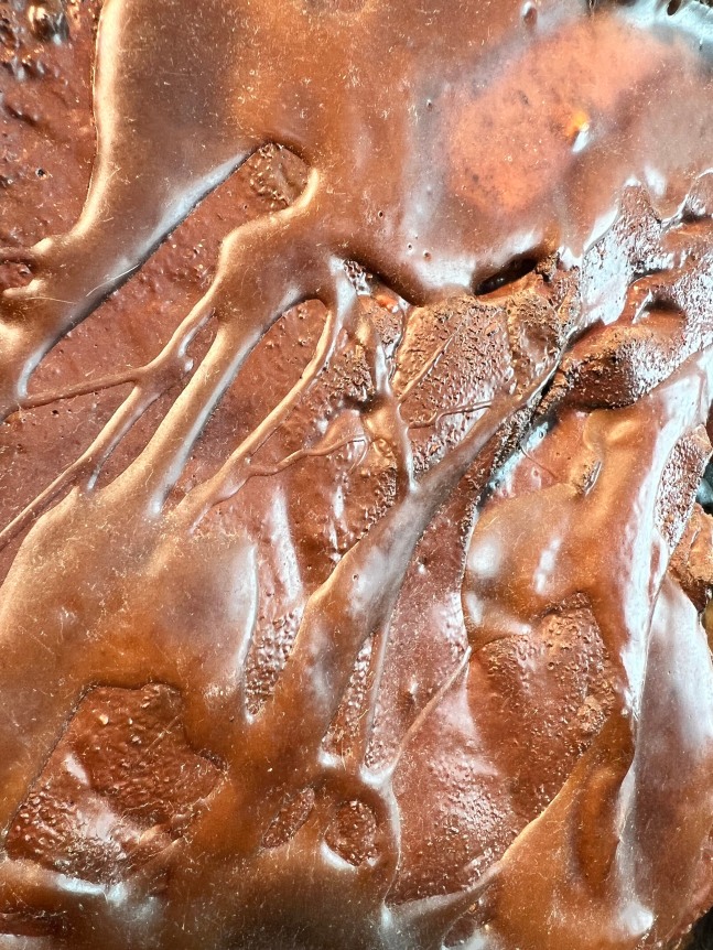 Image of mixed media 1973 artwork entitled Closeup image detail of &quot;Yangtze&quot; 1973 by artist Stephen Buckley made of brown oil paint, nails, iron fillings, string, bamboo, canvas and other materials.